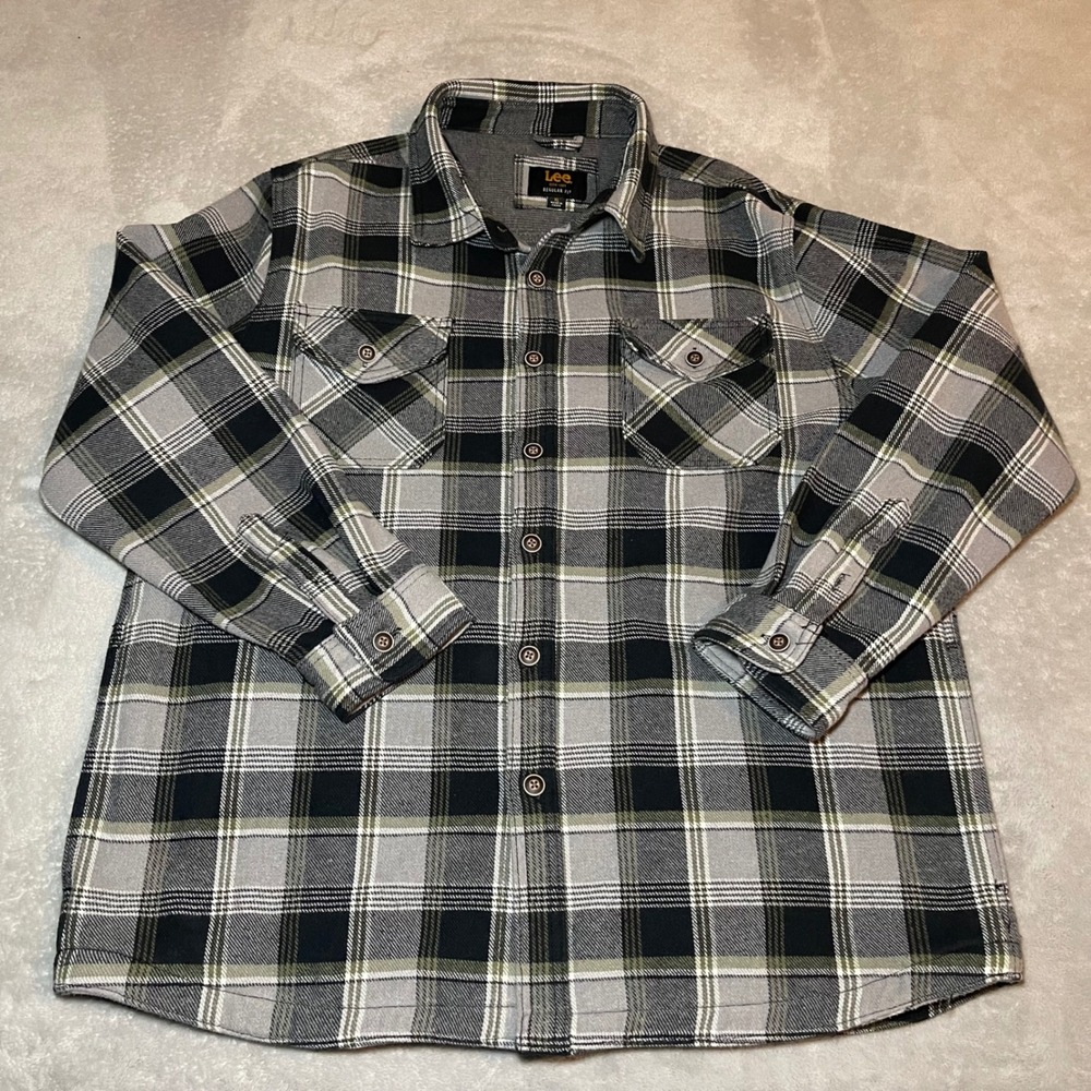 Lee Jacket Mens XL Gray Black Regular Fit Waffle Lined Flannel Shirt
